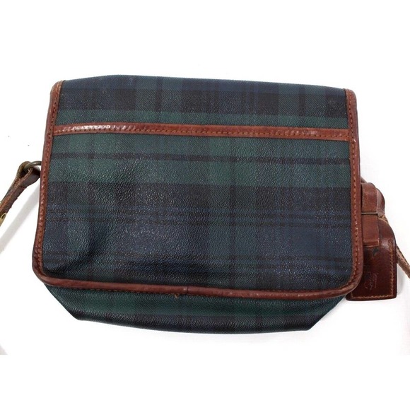 Polo Ralph Lauren Vtg Blackwatch Plaid Crossbody Bag Satchel Leather Canvas - Picture 5 of 9